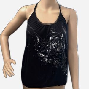Express Y2K Black Halter Top Banded Bottom Backless Rhinestone Floral Women S